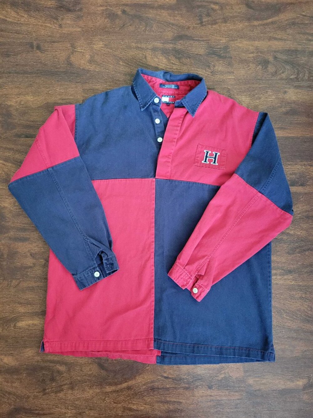 90sTommy Hilfiger Red Blue Block 3/4 Closure Shacket Rugby Streetwear Subculture